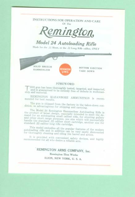 Remington Model 24 Factory Instruction Manual R.  
